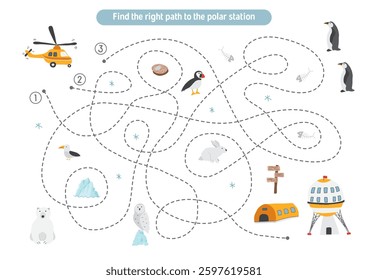 Labyrinth, Maze game for children. Logical puzzle for kids. Quest to find the right path for a helicopter to polar station. Vector illustration