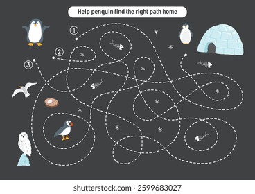 Labyrinth, Maze game for children. Logical puzzle for kids. Quest to find the right path for a penguin to his home. Vector illustration A4 - ready to print format.