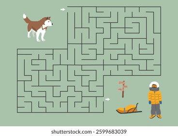 Labyrinth, Maze game for children. Logical puzzle for kids. Quest to find the right path for a dog to polar explorer. Vector illustration