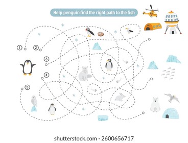 Labyrinth, Maze game for children. Logical puzzle for kids. Quest to find the right path for a penguin to catch a fish. Vector illustration.