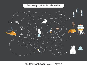 Labyrinth, Maze game for children. Logical puzzle for kids. Quest to find the right path for a helicopter to polar station. Vector illustration