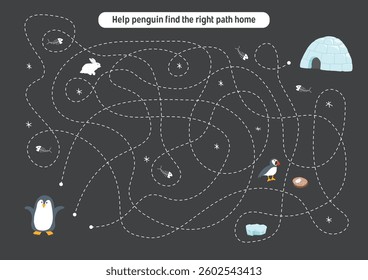 Labyrinth, Maze game for children. Logical puzzle for kids. Quest to find the right path for a penguin to his home. Vector illustration A4 - ready to print format.