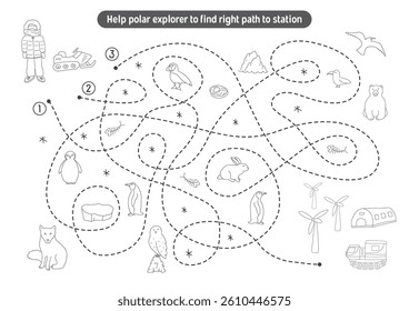 Labyrinth, Maze game for children. Logical puzzle for kids. Quest to find the right path for a polar explorer to polar station. Vector illustration