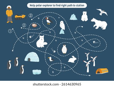 Labyrinth, Maze game for children. Logical puzzle for kids. Quest to find the right path for a polar explorer to polar station. Vector illustration