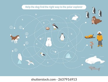 Labyrinth, Maze game for children. Logical puzzle for kids. Quest to find the right path for a dog to polar explorer. Vector illustration
