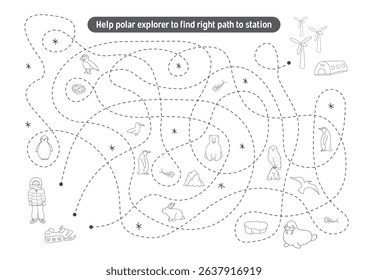 Labyrinth, Maze game for children. Logical puzzle for kids. Quest to find the right path for a polar explorer to polar station. Vector illustration
