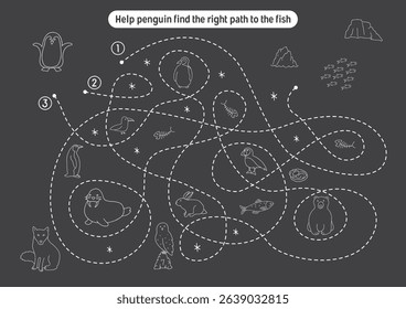 Labyrinth, Maze game for children. Logical puzzle for kids. Quest to find the right path for a penguin to catch a fish. Vector illustration.