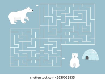 Labyrinth, Maze game for children. Logical puzzle for kids. Quest to find the right path for a Polar bear to his home. Vector illustration