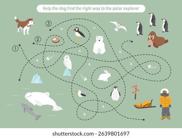 Labyrinth, Maze game for children. Logical puzzle for kids. Quest to find the right path for a dog to polar explorer. Vector illustration