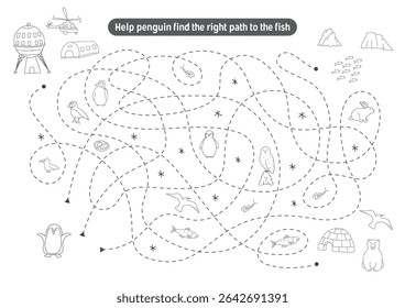 Labirinto, jogo de labirinto para crianças. Quebra-cabeça lógico para crianças. Busca encontrar o caminho certo para um pinguim pegar um peixe. Ilustração vetorial.