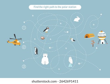 Labyrinth, Maze game for children. Logical puzzle for kids. Quest to find the right path for a helicopter to polar station. Vector illustration