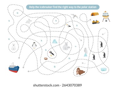 Labirinto, jogo de labirinto para crianças. Quebra-cabeça lógico para crianças. Busca encontrar o caminho certo para um quebra-gelo até a estação polar. Ilustração vetorial.