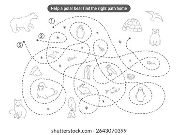 Labyrinth, Maze game for children. Logical puzzle for kids. Quest to find the right path for a Polar bear to his home. Vector illustration A4 - ready to print format.