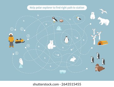 Labirinto, jogo de labirinto para crianças. Quebra-cabeça lógico para crianças. Busca encontrar o caminho certo para um explorador polar até a estação polar. Ilustração vetorial