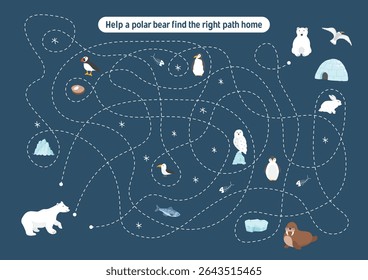 Labyrinth, Maze game for children. Logical puzzle for kids. Quest to find the right path for a Polar bear to his home. Vector illustration A4 - ready to print format.