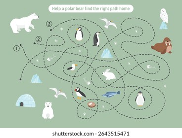 Labyrinth, Maze game for children. Logical puzzle for kids. Quest to find the right path for a Polar bear to his home. Vector illustration A4 - ready to print format.