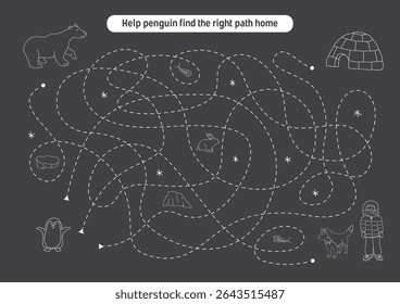 Labirinto, jogo de labirinto para crianças. Quebra-cabeça lógico para crianças. Busca encontrar o caminho certo para um pinguim em sua casa. Ilustração vetorial A4 - pronto para o formato de impressão.