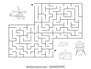 Labyrinth, Maze game for children. Logical puzzle for kids. Quest to find the right path for a helicopter to polar station. Vector illustration