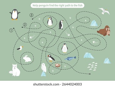 Labirinto, jogo de labirinto para crianças. Quebra-cabeça lógico para crianças. Busca encontrar o caminho certo para um pinguim pegar um peixe. Ilustração vetorial.