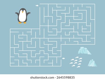 Labirinto, jogo de labirinto para crianças. Quebra-cabeça lógico para crianças. Busca encontrar o caminho certo para um pinguim pegar um peixe. Ilustração vetorial.