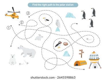 Labyrinth, Maze game for children. Logical puzzle for kids. Quest to find the right path for a helicopter to polar station. Vector illustration