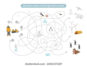Labirinto, jogo de labirinto para crianças. Quebra-cabeça lógico para crianças. Busca encontrar o caminho certo para um explorador polar até a estação polar. Ilustração vetorial