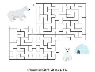 Labyrinth, Maze game for children. Logical puzzle for kids. Quest to find the right path for a Polar bear to his home. Vector illustration