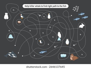 Labirinto, jogo de labirinto para crianças. Quebra-cabeça lógico para crianças. Busca encontrar o caminho certo para uma baleia assassina para o peixe. Ilustração vetorial.