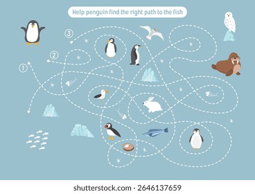 Labirinto, jogo de labirinto para crianças. Quebra-cabeça lógico para crianças. Busca encontrar o caminho certo para um pinguim pegar um peixe. Ilustração vetorial.