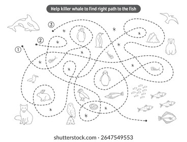 Labirinto, jogo de labirinto para crianças. Quebra-cabeça lógico para crianças. Busca encontrar o caminho certo para uma baleia assassina para o peixe. Ilustração vetorial.