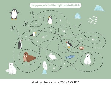 Labirinto, jogo de labirinto para crianças. Quebra-cabeça lógico para crianças. Busca encontrar o caminho certo para um pinguim pegar um peixe. Ilustração vetorial.