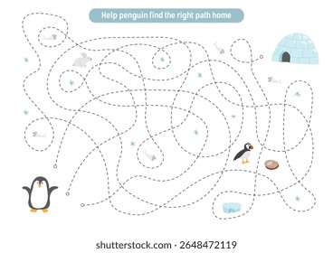 Labirinto, jogo de labirinto para crianças. Quebra-cabeça lógico para crianças. Busca encontrar o caminho certo para um pinguim em sua casa. Ilustração vetorial A4 - pronto para o formato de impressão.