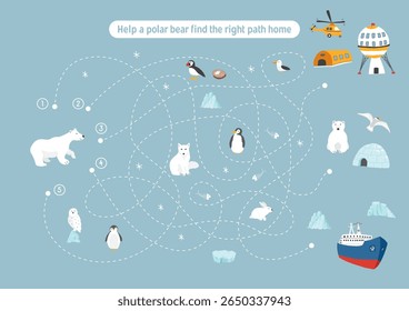 Labirinto, jogo de labirinto para crianças. Quebra-cabeça lógico para crianças. Busca encontrar o caminho certo para um urso polar chegar à sua casa. Ilustração vetorial A4 - pronto para o formato de impressão.