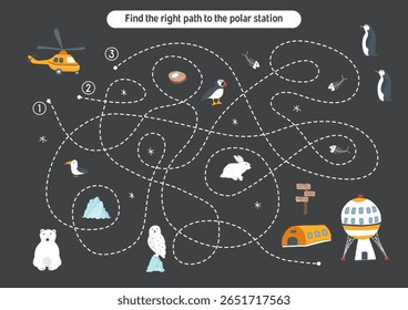 Labyrinth, Maze game for children. Logical puzzle for kids. Quest to find the right path for a helicopter to polar station. Vector illustration