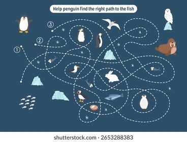 Labirinto, jogo de labirinto para crianças. Quebra-cabeça lógico para crianças. Busca encontrar o caminho certo para um pinguim pegar um peixe. Ilustração vetorial.