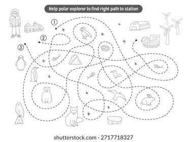 Laberinto, juego de laberinto para niños. Rompecabezas lógico para niños. Busca el camino correcto para un explorador polar a la estación polar. Ilustración vectorial