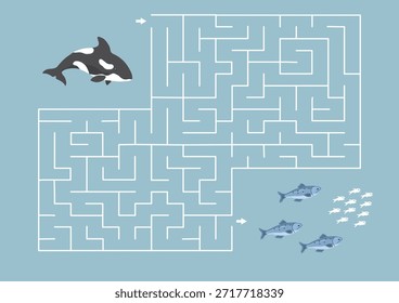 Labirinto, jogo de labirinto para crianças. Quebra-cabeça lógico para crianças. Busca encontrar o caminho certo para uma baleia assassina para o peixe. Ilustração vetorial.