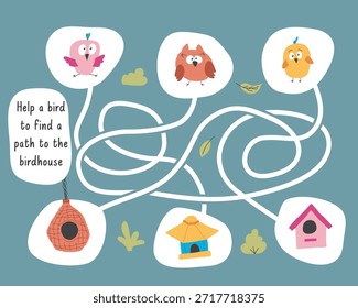 Labyrinth, Labyrinth Spiel für Kinder. Logisches Puzzle für Kinder. Suche nach dem richtigen Weg für einen Vogel zum Vogelhaus. Vektorgrafik.