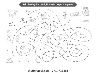 Labyrinth, Labyrinth Spiel für Kinder. Logisches Puzzle für Kinder. Suche nach dem richtigen Weg für einen Hund zum Polarforscher. Vektorgrafik