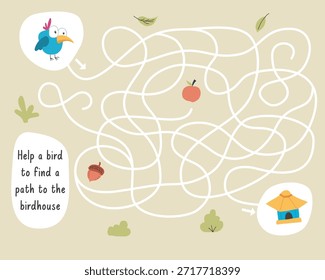 Labyrinth, Labyrinth Spiel für Kinder. Logisches Puzzle für Kinder. Suche nach dem richtigen Weg für einen Vogel zum Vogelhaus. Vektorgrafik.