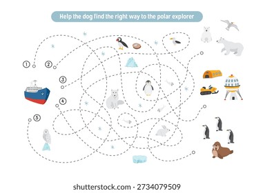 Labyrinth, Maze game for children. Logical puzzle for kids. Quest to find the right path for an icebreaker to polar station. Vector illustration.