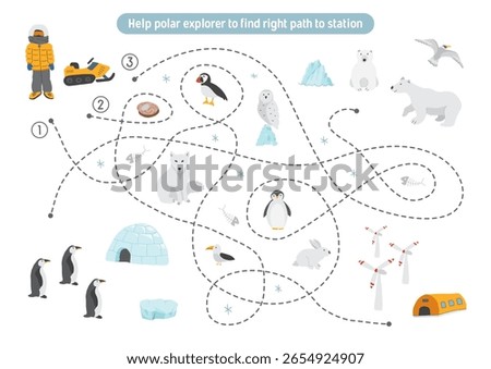 Labyrinth, Maze game for children. Logical puzzle for kids. Quest to find the right path for a polar explorer to polar station. Vector illustration