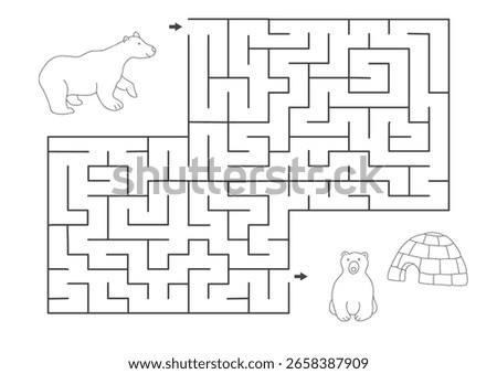 Labyrinth, Maze game for children. Logical puzzle for kids. Quest to find the right path for a Polar bear to his home. Vector illustration