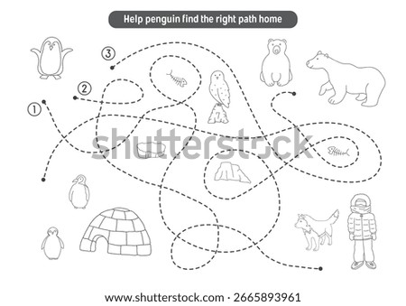 Labyrinth, Maze game for children. Logical puzzle for kids. Quest to find the right path for a penguin to his home. Vector illustration A4 - ready to print format.