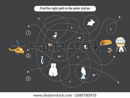 Labyrinth, Maze game for children. Logical puzzle for kids. Quest to find the right path for a helicopter to polar station. Vector illustration