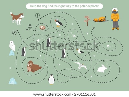 Labyrinth, Maze game for children. Logical puzzle for kids. Quest to find the right path for a dog to polar explorer. Vector illustration