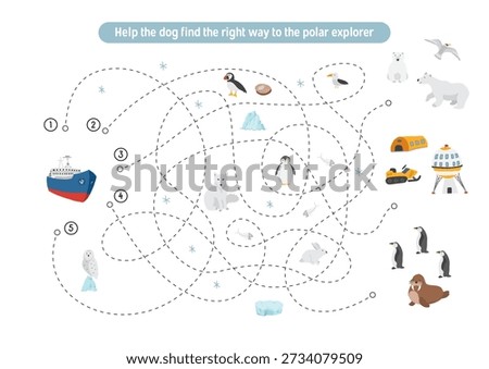 Labyrinth, Maze game for children. Logical puzzle for kids. Quest to find the right path for an icebreaker to polar station. Vector illustration.