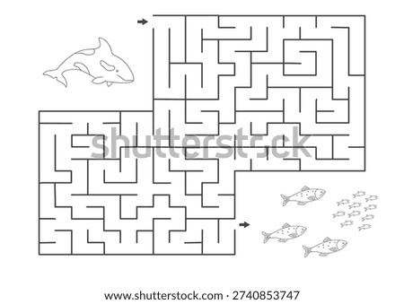 Labyrinth, Maze game for children. Logical puzzle for kids. Quest to find the right path for a Killer whale to the fish. Vector illustration.