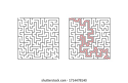 Labyrinth maze game for children. Second level puzzle with solution. Vector illustration.
