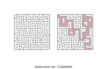 Labyrinth maze game for children. Second level puzzle with solution. Vector illustration.